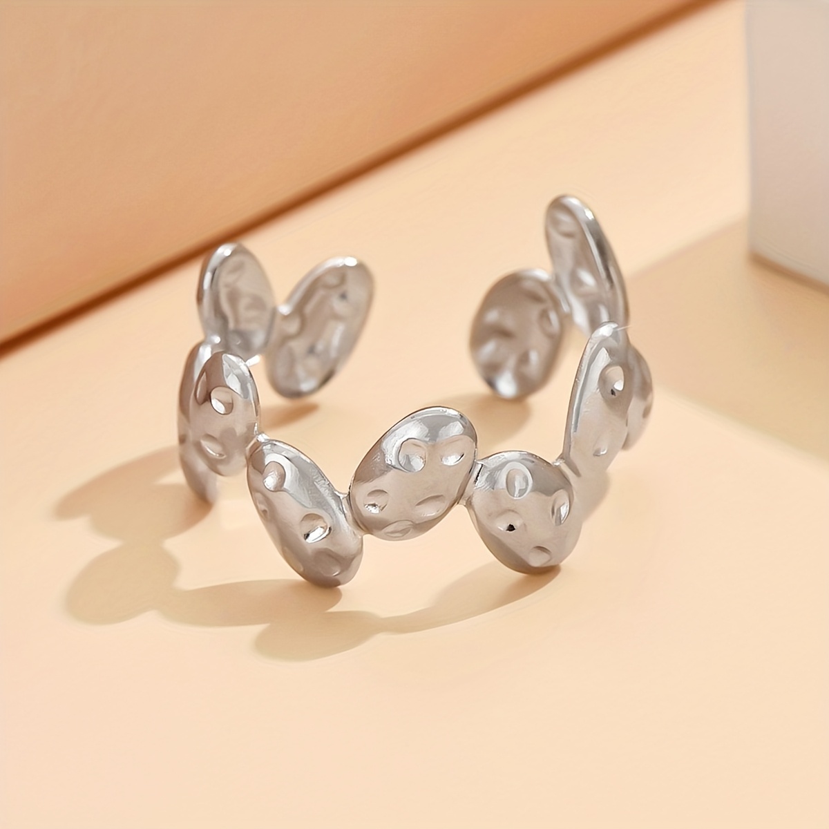 Cute Hammered Oval Stainless Steel Open Ring, Ideal Gift